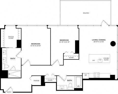 Floor plan for 2 beds, 2 baths, 1260 sqft
